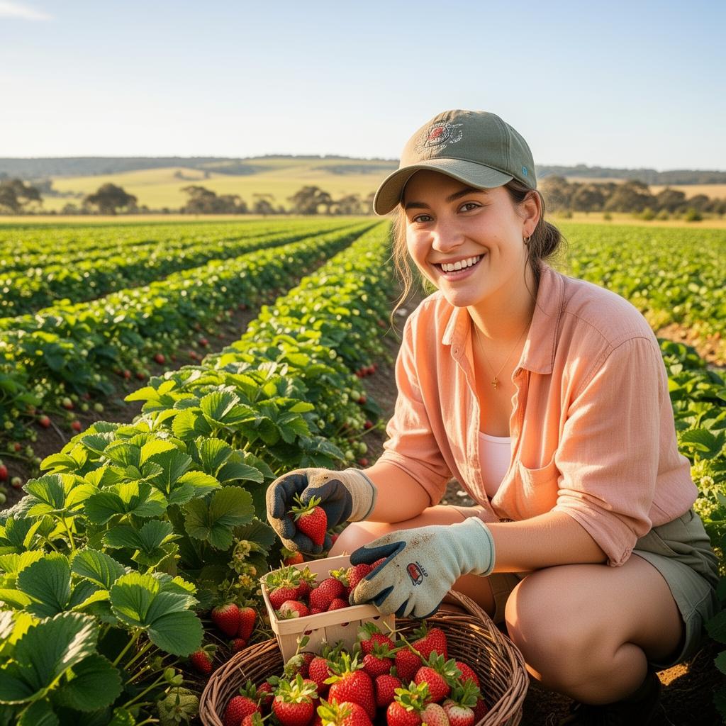 Smiling young woman picking strawberries on an Australian farm