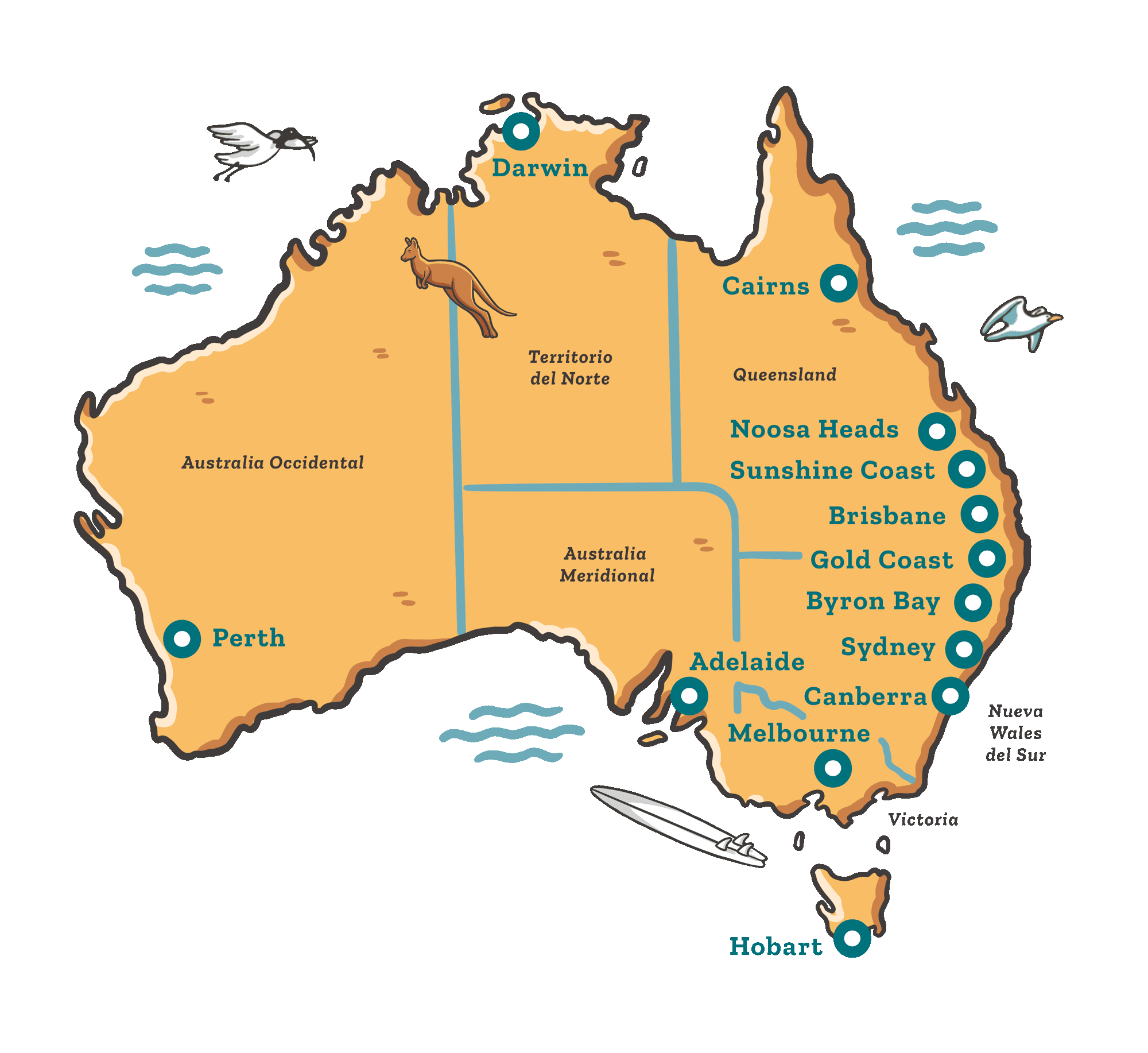 Illustrated map of Australia with cities and regions eligible for the 462 second-year visa
