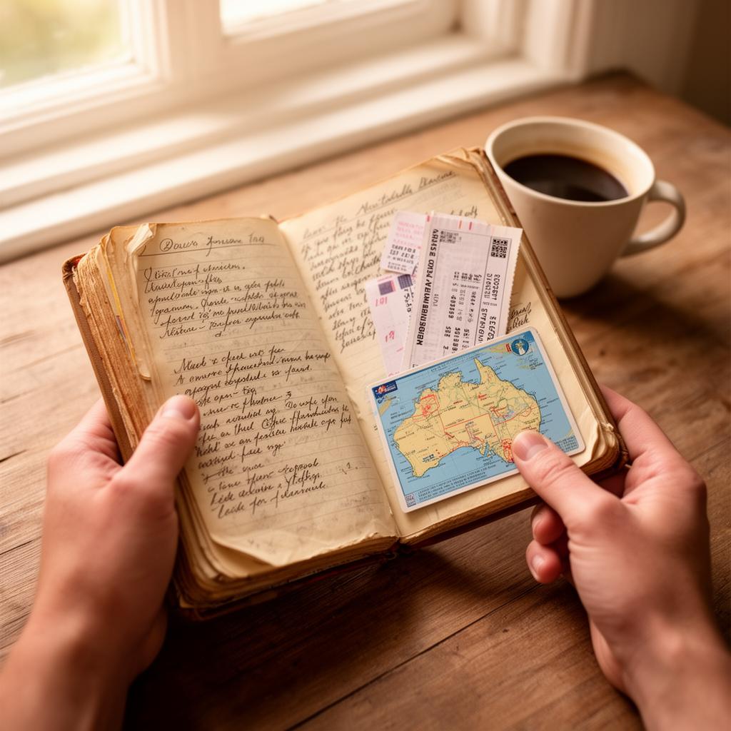 Hands holding a travel journal with notes and a map of Australia